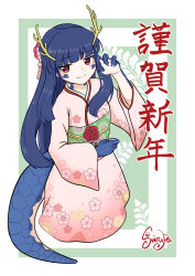 Rule 34 | 1girl, absurdres, blue hair, blush, chinese zodiac, claws, commentary request, dragon girl, dragon horns, dragon tail, floral print, flower, hair flower, hair ornament, happy new year, highres, horns, idolmaster, idolmaster cinderella girls, japanese clothes, kimono, long hair, looking at viewer, new year, obi, pink kimono, print kimono, red eyes, sajo yukimi, sash, scales, smile, solo, swirupa, tail, year of the dragon