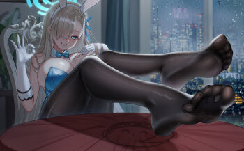 1girl absurdres animal_ears aqua_leotard asuna_(blue_archive) asuna_(bunny)_(blue_archive) black_pantyhose blue_archive blue_bow blue_bowtie blue_eyes blue_halo blue_leotard blue_ribbon bow bowtie breasts cang_se_ye_hua dorsiflexion fake_animal_ears feet feet_on_table foot_focus gloves hair_over_one_eye halo highres large_variant_set legs leotard long_hair looking_at_viewer no_shoes pantyhose playboy_bunny rabbit_ears ribbon smile soles strapless strapless_leotard table thighband_pantyhose toe_seam toes variant_set white_gloves