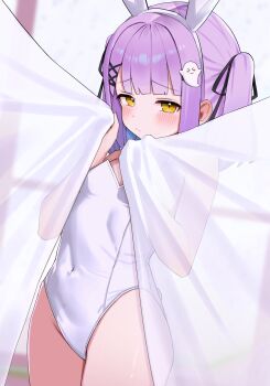 1girl absurdres animal_ears aori_(binnoaori) bare_shoulders black_ribbon blush breasts commentary_request covered_navel curtain_grab curtains embarrassed fake_animal_ears ghost_hair_ornament hair_ornament hairclip highres leotard long_hair pink_hair playboy_bunny rabbit_ears ribbon shinomiya_runa small_breasts solo strapless strapless_leotard thighs twintails virtual_youtuber vspo! white_leotard window x_hair_ornament yellow_eyes