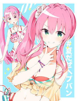 >:) 2girls aikawa_megumi bare_shoulders bikini blue_background blush border braid breasts chestnut_mouth cleavage closed_mouth collarbone commentary_request cowboy_shot crown_braid eyelashes eyes_visible_through_hair green_eyes green_nails hair_between_eyes hair_ornament hair_scrunchie hairclip halterneck hand_up heaven_burns_red highres kunimi_tama large_breasts looking_at_viewer multicolored_bikini multiple_girls nail_polish navel official_alternate_costume official_alternate_hairstyle open_mouth outside_border pink_bikini pink_eyes pink_hair red_bikini scrunchie side_ponytail sidelocks simple_background smile smug sparkle star_(symbol) star_hair_ornament striped_bikini striped_clothes swimsuit tareme translation_request tsurime twintails twitter_username two-tone_bikini upper_body v v-shaped_eyebrows v_over_mouth white_border white_scrunchie xdjf63qbpt0iqmj