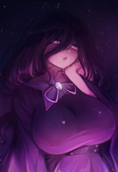 1girl alternate_breast_size_(larger) black_dress black_hair blairevt breasts commentary dress earrings english_commentary hands_up hex_maniac_(pokemon) hex_maniac_(pokemon_legends:_z-a) highres jewelry large_breasts long_hair long_sleeves nintendo open_mouth pokemon pokemon_legends:_z-a purple_eyes purple_theme solo