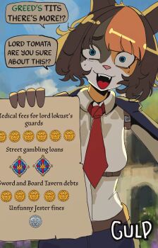 1girl absurdres animal_ears basedbinkie belt blue_eyes cash_(basedbinkie) cat_ears cat_girl chivalry_starved coat coat_on_shoulders commentary debt dress_shirt english_commentary english_text gulping highres multicolored_hair necktie open_mouth original outdoors red_necktie shirt speech_bubble sweat two-tone_hair