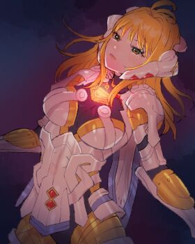 1girl armor black_background blonde_hair breasts chomo_(engawaparty) closed_mouth commentary_request fiora_(xenoblade) glowing headpiece large_breasts long_hair mecha-fiora solo xenoblade_chronicles_(series) xenoblade_chronicles_1
