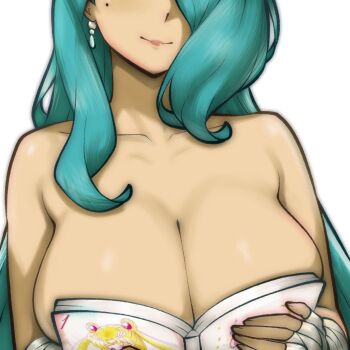 1girl aqua_hair bishoujo_senshi_sailor_moon boobs_in_book_(meme) book breasts earrings eyes_out_of_frame hair_over_one_eye head_out_of_frame holding holding_book jewelry large_breasts long_hair manga_(object) meme mole mole_under_eye open_book original rotomdocs simple_background smile solo tsukino_usagi upper_body very_long_hair wavy_hair white_background