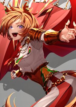 1girl absurdres amekudaki animal_ears armor breasts cape commentary ear_ornament fingerless_gloves gloves gold_corset hair_between_eyes highres horse_ears horse_girl horse_tail jewelry long_sleeves looking_at_viewer medium_breasts open_mouth orange_hair orange_tail pink_cape purple_eyes shirt short_hair shoulder_armor single_fingerless_glove skirt smile solo t.m._opera_o_(o_sole_suo!)_(umamusume) t.m._opera_o_(umamusume) tail teeth two-tone_skirt umamusume white_gloves white_shirt