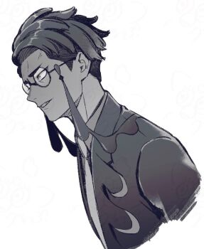 1boy collared_shirt corbeau_(pokemon) cropped_torso from_side glaring glasses greyscale jacket lapels male_focus monochrome necktie nintendo open_clothes open_jacket parted_hair parted_lips pokemon pokemon_legends:_z-a round_eyewear shirt short_hair short_sideburns simple_background solo urup_zzz white_background wing_collar