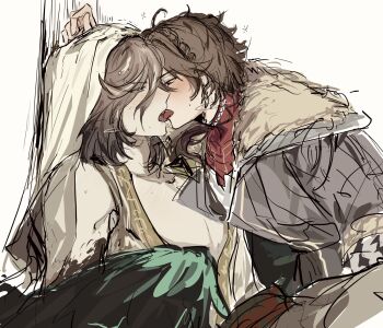 2boys against_wall bird_wings bishounen blush brown_coat brown_eyes brown_hair chinese_clothes coat commentary feathered_wings french_kiss fur-trimmed_coat fur_trim getian_(reverse:1999) green_wings grey_eyes hanfu harpy_boy heavy_breathing highres kiss long_hair long_sleeves looking_at_another low_ponytail male_focus monster_boy multiple_boys name_day_(reverse:1999) open_mouth ponytail reverse:1999 simple_background sleeveless tmor1999 tongue tongue_out upper_body veil white_background winged_arms wings yaoi