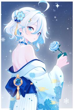 1girl absurdres ahoge alternate_costume bare_shoulders blue_choker blue_eyes blue_flower blue_hair blue_kimono blue_nails blue_pupils choker colored_inner_hair commentary drop-shaped_pupils felixkohai fingernails floral_print floral_print_kimono flower from_side furina_(genshin_impact) genshin_impact hair_between_eyes hair_bun hair_ornament heterochromia highres holding holding_flower hydro_symbol_(genshin_impact) japanese_clothes kimono looking_at_viewer looking_to_the_side medium_hair multicolored_hair nail_polish off_shoulder parted_lips print_kimono solo symbol-shaped_pupils tassel tassel_hair_ornament vision_(genshin_impact) white_hair