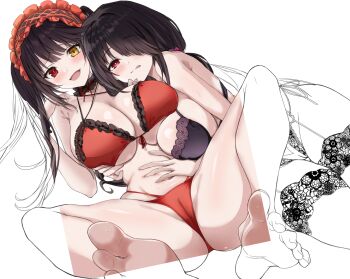 2girls azur_lane barefoot bikini black_bra black_hair bra breasts cameltoe clock_eyes commentary_request date_a_live dual_persona feet grabbing_another's_stomach heterochromia highres large_breasts licking_lips long_hair looking_at_viewer multiple_girls navel official_alternate_costume red_bikini red_eyes saint_laurent_paris selfcest simple_background soles stomach swimsuit symbol-shaped_pupils thighs toes tokisaki_kurumi tokisaki_kurumi_(spirit) tokisaki_kurumi_(twin_rose) tongue tongue_out underwear unfinished very_long_hair white_background yellow_eyes yuri