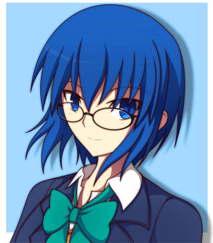 1girl absurdres blue_eyes blue_hair blue_shirt ciel_(tsukihime) glasses highres looking_at_viewer sakurello school_uniform shirt short_hair smile solo souya_high_school_uniform tsukihime tsukihime_(remake) upper_body white_shirt