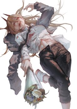 1girl absurdres arm_up black_necktie black_pants blonde_hair blood bouquet chainsaw_man collared_shirt flower from_above grey_jacket hair_between_eyes highres holding holding_bouquet horns jacket long_hair looking_at_viewer lying navel necktie neg_(101neg) on_back pants pants_rolled_up power_(chainsaw_man) red_horns shirt simple_background solo stomach tongue tongue_out white_background white_shirt