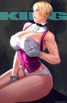 1girl absurdres ass blonde_hair blue_eyes bow bowtie breasts cleavage covered_erect_nipples curvy earrings female_focus formal_clothes gloves grabbing_own_breast hands_on_own_chest highres huge_breasts jewelry king_(snk) large_breasts lejeanx3 nipples pale_skin panties rejean_dubois shiny_skin shirt short_hair sitting sleeveless the_king_of_fighters thick_thighs thighs tight_clothes toned toned_female underwear white_panties white_shirt wide_hips