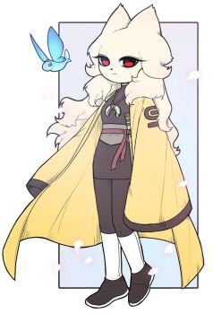 1girl blue_background border cherry_blossoms closed_mouth commentary eyelashes falling_petals furry furry_female haori heng_(nine_sols) highres japanese_clothes mystic_nymph_(nine_sols) nine_sols outside_border petals red_eyes smile standing white_border white_fur yyang_gg