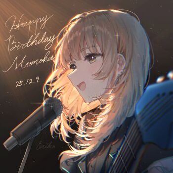 Rule 34 | 1girl, chromatic aberration, commentary, dated, ear piercing, electric guitar, erika (user spth3377), girls band cry, grey hair, guitar, happy birthday, highres, instrument, kawaragi momoka, light blush, long hair, microphone, multicolored hair, open mouth, piercing, roots (hair), solo, sweat, upper body