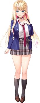 1girl amaemi-longing_for_you- arm_at_side black_choker black_socks blonde_hair blue_eyes blue_jacket blush breasts brown_shoes choker closed_mouth collared_shirt colored_inner_hair cross cross_choker eyes_visible_through_hair full_body grey_skirt hand_up jacket kusunoki_iroha lapels large_breasts loafers long_hair long_sleeves looking_at_viewer loose_necktie multicolored_hair necktie notched_lapels official_art open_clothes open_jacket oryo_(oryo04) pink_hair plaid_clothes plaid_skirt pleated_skirt red_necktie school_uniform shirt shoes simple_background skirt smile socks solo standing tachi-e transparent_background white_shirt wing_collar