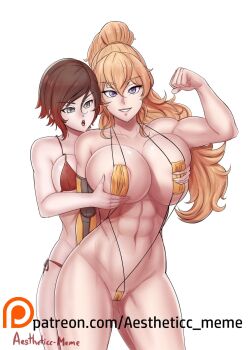 2girls abs aestheticc-meme artist_name bikini black_hair blonde_hair breasts cleft_of_venus deep_skin female_focus flexing grabbing_another's_breast gradient_hair groping highres huge_breasts incest micro_bikini multicolored_hair multiple_girls muscular muscular_female navel patreon_username purple_eyes red_hair ruby_rose rwby siblings side-tie_bikini_bottom sisters skindentation slingshot_swimsuit smile standing swimsuit watermark web_address yang_xiao_long yuri