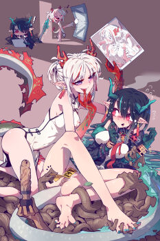 ! 2girls absurdres anus arknights ball_gag bare_legs barefoot bdsm bead_bracelet beads black_hair black_jacket blush blush_stickers bondage bound bound_wrists bracelet breasts brown_background chibi china_dress chinese_clothes chinese_commentary colored_skin crossed_legs cuffs dildo dragon_girl dragon_horns dragon_tail drawing drawing_tablet dress drooling dusk_(arknights) earrings eyeshadow fellatio florakinesis full_body gag unworn_gag gloom_(expression) gradient_skin green_hair green_nails green_skin hair_between_eyes hair_over_one_eye handcuffs head_steam high_heels highres holding holding_tablet_pc horns imazawa incest jacket jewelry kicking kneeling licking licking_finger long_hair looking_at_another maebari makeup medium_breasts motion_lines multicolored_hair multicolored_skin multiple_girls nail_polish necktie nervous_sweating nian_(arknights) nian_(unfettered_freedom)_(arknights) official_alternate_costume open_clothes open_jacket open_mouth opening_door oral parted_bangs peeling pelvic_curtain pointy_ears purple_eyes pussy pussy_juice pussy_juice_trail red_eyes red_hair red_necktie red_skin restrained saliva sex_toy shirt side_slit simple_background sleeveless sleeveless_dress smile spread_legs streaked_hair stylus surprised sweat tablet_pc tail tail_raised talisman tassel tassel_earrings tentacle_sex tentacles thighs toenail_polish toenails tongue tongue_out two-tone_hair uncensored variant_set walking white_dress white_footwear white_hair white_shirt wiffle_gag wooden_dildo wooden_tentacles yuri