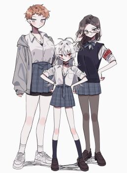 3girls adjusting_eyewear ahoge aohitsugi_samatoki armband asymmetrical_bangs bike_shorts_under_skirt black_socks black_sweater_vest blush breasts brown_hair busujima_mason_rio cigarette collarbone collared_shirt dog_tags dress expressionless finger_to_eyewear flat_chest genderswap genderswap_(mtf) glasses green_eyes grey_dress grey_eyes grey_jacket hand_on_own_hip hands_on_own_hips height_difference highres hood hooded_jacket hypnosis_mic iruma_jyuto jacket large_breasts loafers long_hair long_sleeves looking_at_viewer miniskirt multiple_girls neck_ribbon necktie open_clothes open_jacket orange_hair pantyhose parted_hair patzzi pendant_choker plaid_clothes plaid_necktie plaid_ribbon plaid_skirt pleated_skirt rectangular_eyewear red_armband red_eyes ribbon school_uniform semi-rimless_eyewear shirt shoes short_hair skirt sleeves_past_wrists sleeves_rolled_up small_breasts smile sneakers socks standing sweater_vest v-shaped_eyebrows white_background white_footwear white_hair white_shirt white_shoes