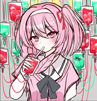 1girl alternate_costume bag blood blood_bag blue_archive blush collared_shirt commentary_request drinking_blood drinking_straw drinking_straw_in_mouth eyelashes feather_hair hair_ribbon hairband hand_up highres holding holding_bag intravenous_drip medium_hair one_side_up pink_eyes pink_hair red_ribbon ribbon serina_(blue_archive) shirt signature sketch solo tanabata_natsuki white_hairband white_shirt