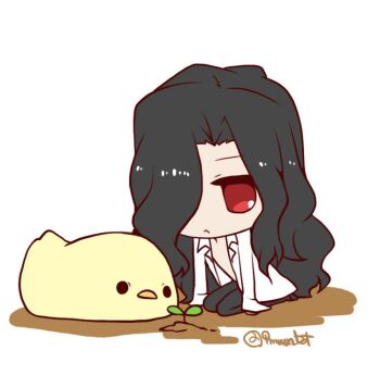 1boy animal arm_support baby_animal bird black_pants chibi chick collared_shirt commentary_request hair_over_one_eye hatayanagi_shizuku kneeling long_hair male_focus michael_roa_valdamjong open_clothes open_shirt pants plant red_eyes shirt sidelocks solid_oval_eyes tsukihime white_shirt