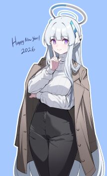 1girl alternate_costume arm_under_breasts black_pants blue_archive blunt_bangs blunt_ends breasts brown_coat coat coat_on_shoulders commentary_request finger_to_cheek grey_hair halo happy_new_year headgear high-waist_pants highres large_breasts long_hair long_sleeves looking_at_viewer new_year noa_(blue_archive) pants purple_eyes reia_76 ribbed_sweater smile straight_hair sweater very_long_hair white_sweater