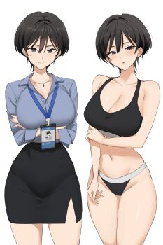 1girl absurdres arm_under_breasts arms_under_breasts bare_arms bare_shoulders black_bra black_eyes black_hair black_panties black_skirt blue_shirt bra breasts closed_mouth collared_shirt commentary cowboy_shot crossed_arms dress_shirt hair_between_eyes half-closed_eyes high-waist_skirt highres holding_own_arm id_card jewelry lanyard large_breasts legs_together long_sleeves looking_at_viewer mole mole_under_eye multiple_views navel necklace office_lady original panties parted_lips pen_guin15 pencil_skirt shirt short_hair simple_background skirt smile standing underwear underwear_only white_background
