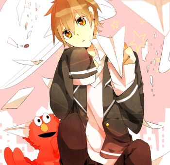 1boy amatsuki_(utaite) artist_request brown_hair commentary_request elmo jacket looking_at_viewer male_focus non-web_source open_mouth paper paper_airplane sesame_street shirt short_hair simple_background smile solo source_request utaite white_shirt