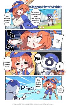 1girl baseball baseball_bat blue_archive blue_hat blue_sky chain-link_fence character_name chibi closed_eyes commentary day donmin_h drawstring english_commentary english_text eyewear_on_headwear fang fence halo hat highres holding holding_baseball_bat hood hoodie jacket long_sleeves mole mole_under_eye motion_blur motion_lines nervous_sweating official_art one_eye_closed open_clothes open_jacket open_mouth orange_hair orange_halo outdoors pink_eyes rei_(blue_archive) shoes sky smile socks speech_bubble sunglasses sweat v-shaped_eyebrows white_hat white_hoodie