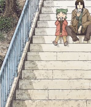 Rule 34 | 1boy, 1girl, age difference, azuma kiyohiko, black hair, black sweater, brown jacket, brown pants, closed eyes, closed mouth, commentary, eating, father and daughter, foliage, food, green hair, green sweater, hatching (texture), height difference, holding, holding food, hood, hood down, jacket, koiwai yotsuba, long sleeves, lowres, medium hair, mr. koiwai, official art, onigiri, open clothes, open jacket, pants, quad tails, railing, red footwear, red jacket, shoes, short hair, side-by-side, sitting, sitting on stairs, sneakers, stairs, sweater, tree, white footwear, yotsubato!