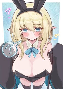 1girl :&lt; ? absurdres alternate_breast_size_(larger) alternate_costume animal_ears arknights bare_shoulders black_jacket black_leotard black_thighhighs blonde_hair blue_bow blue_bowtie blue_eyes blue_skirt blush bow bowtie breasts cleavage closed_mouth commentary_request detached_collar durin_(arknights) fake_animal_ears highres jacket large_breasts leotard long_hair long_sleeves looking_at_viewer off_shoulder open_clothes open_jacket playboy_bunny pointy_ears rabbit_ears rorumarimo skirt sleeves_past_fingers sleeves_past_wrists solo speech_bubble spoken_question_mark strapless strapless_leotard thighhighs