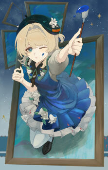 1girl :o ;o arm_up beret black_hat black_shorts blonde_hair blue_background blue_dress blue_eyes braid braided_bangs commentary_request dress flower from_above full_body hands_up hat highres holding holding_paintbrush kiperina looking_at_viewer masei_shibou official_alternate_costume one_eye_closed outstretched_arm paint_splatter paint_splatter_on_face paintbrush painting_(object) pantyhose picture_frame ponytail reverse:1999 short_dress short_hair short_ponytail short_sleeves shorts solo star_(sky) starry_sky_background triangle_mouth white_flower white_pantyhose