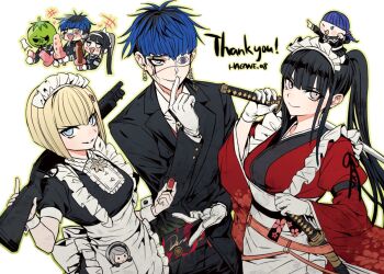 1boy 4girls alternate_costume ammunition apron artist_name black_coat black_hair black_hairband black_necktie blonde_hair blue_eyes blue_hair braid butler card chibi chibi_on_head coat commentary_request earrings eye_print eyepatch face_piercing facial_mark food frilled_apron frills gem gloves grey_eyes grey_hair grin gun hair_ornament hairband hand_on_hilt holding holding_behind_back holding_card holding_food holding_gun holding_popsicle holding_sword holding_weapon holding_weapon_behind_back japanese_clothes jewelry katana kimono kirifuji_nozomi long_hair looking_at_viewer magadori_kyoshika maid maid_headdress mojiro_moko multicolored_hair multiple_girls multiple_views necktie omokage_yugamu on_head oosuzuki_kurara penis-shaped_food piercing ponytail popsicle print_eyepatch purple_hair red_gemstone red_kimono sheath sheathed shirt short_hair shotgun shotgun_shell smile sword thank_you the_hundred_line_-last_defense_academy- wa_ga_ne wa_maid weapon white_background white_gloves white_shirt