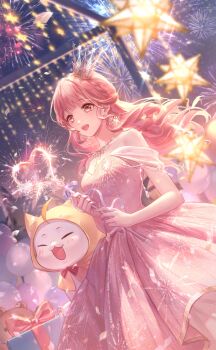 Rule 34 | 1girl, ^ ^, aerial fireworks, ahoge, animal, artist request, balloon, bare shoulders, bow, bowtie, brooch, brown eyes, card (medium), cat, cloak, closed eyes, clothed animal, cowboy shot, crown, dot nose, dress, ear covers, earrings, eyelashes, fireworks, fireworks print, floating hair, game cg, gift, happy, heart, heart brooch, heart wand, heartwarming flame (shining nikki), highres, holding, holding wand, hood, hood up, hooded cloak, jewelry, lamppost, long hair, looking ahead, mini crown, momo (nikki), night, night sky, nikki (nikki), nikki (series), off-shoulder dress, off shoulder, official art, open mouth, outdoors, palm tree, pink dress, pink hair, red bow, red bowtie, shining nikki, short sleeves, sky, smile, sparkler, star (sky), star (symbol), starry sky, teeth, traditional bowtie, tree, upper teeth only, wand, wavy hair, whiskers, white cat, white crown, wind, yellow cloak