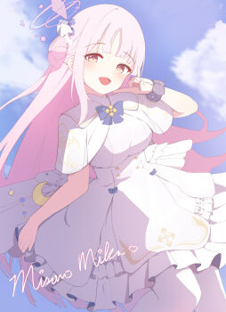 1girl :d blue_archive blue_bow blue_bowtie blue_flower blue_sky blunt_bangs blush bow bowtie buttons capelet character_name commentary cowboy_shot day double-breasted dress dress_bow dutch_angle feathered_wings flower frilled_dress frills hair_bun hair_flower hair_ornament halo hand_up heart highres index_finger_raised laocheng_(axpp4722) long_hair looking_at_viewer low_wings mika_(blue_archive) open_mouth outdoors pantyhose pink_hair pink_halo sidelighting sidelocks single_side_bun sky smile solo trinity_general_school_logo very_long_hair white_capelet white_dress white_pantyhose white_wings wings yellow_eyes