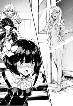 1boy 3girls anklet bare_shoulders blush bow breasts censored chyko coat collar collarbone collared_shirt cup detached_sleeves flat_chest frilled_collar frilled_shirt frilled_shirt_collar frills full_body gloves hair_bow hair_ribbon highres holding holding_cup hood hooded_coat hoodie indoors jacket jacket_on_shoulders jewelry krai_andrey liz_smart long_hair medium_breasts medium_hair midriff monochrome multiple_girls nageki_no_bourei_wa_intaishitai navel neckerchief novel_illustration nude official_art open_mouth ribbon romper sexually_suggestive shirt short_hair simple_background sitri_smart small_breasts stomach sweat sweatdrop teacup tino_shade wet wet_hair