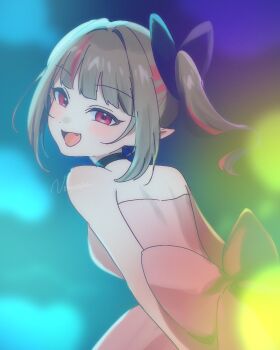 1girl :d back_bow bare_shoulders black_bow black_choker blunt_bangs blurry blush bokeh bow choker colored_inner_hair depth_of_field dress fang from_behind grey_hair hair_bow hair_intakes highres long_hair looking_at_viewer looking_back makaino_ririmu multicolored_hair nijisanji nomosaka official_alternate_costume open_mouth pink_bow pink_dress pink_hair pointy_ears ponytail red_eyes sidelocks signature smile solo standing strapless strapless_dress streaked_hair upper_body virtual_youtuber