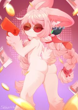 1girl :3 absurdres ahoge animal_ears animal_hands ass bad_tag braid completely_nude ear_piercing female_focus from_behind furry furry_female hair_ornament highres legs loli long_hair nude piercing pink_hair rabbit_ears rabbit_girl rabbit_tail sakneko solo standing sunglasses tail thighs twin_braids zenless_zone_zero zhao_(zenless_zone_zero)