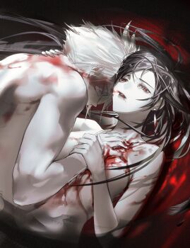 1boy 1girl absurdres bare_shoulders black_feathers black_hair black_lips bleeding blonde_hair blood blood_on_back blood_on_chest blood_on_face blood_on_mouth breasts closed_eyes cloud_strife commentary crisis_core:_final_fantasy_vii cuts deep_wound duoj_ji earrings english_commentary eyelashes feathers final_fantasy final_fantasy_vii final_fantasy_vii_rebirth final_fantasy_vii_remake glint hand_on_another&#039;s_chest hand_on_another&#039;s_shoulder highres injury jewelry large_breasts long_hair nude parted_lips red_eyes short_hair single_earring spiked_hair stab teardrop teardrop_earrings tears tifa_lockhart twitter_username upper_body