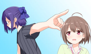 2girls a-chan_(2nd_costume)_(hololive) a-chan_(hololive) ahoge black_shirt blue_background blue_bow blue_hair blush boku_no_hero_academia bow breasts brown_hair commentary felutiahime glasses gradient_background green_vest hair_bow harusaki_nodoka harusaki_nodoka_(1st_costume) highres hololive lanyard multiple_girls no_mouth opaque_glasses open_mouth pink_eyes pointing pointing_at_another reference scene_reference shirt short_hair short_sleeves simple_background small_breasts striped_clothes striped_shirt tears upper_body vertical-striped_clothes vertical-striped_shirt vest virtual_youtuber white_shirt wing_collar