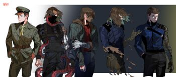 1boy absurdres aqua_hair arm_support artist_name avengers:_infinity_war avengers_(series) black_background black_bodysuit black_gloves black_mask black_pants blood blood_on_clothes blue_eyes blue_jacket blue_pants bodysuit border breast_pocket brown_hair bucky_barnes buttons captain_america:_civil_war captain_america:_the_first_avenger captain_america:_the_winter_soldier captain_america_(series) clenched_hands closed_mouth collared_shirt colored_inner_hair covered_mouth cowboy_shot denim evolution facial_hair fingerless_gloves floating_hair gloves gradient_background green_hat green_jacket green_necktie green_pants green_shirt hand_in_pocket hands_in_pockets hat highres hood hooded_jacket injury jacket karmaho lapels long_sleeves looking_at_viewer looking_to_the_side marvel marvel mask military_hat military_jacket military_uniform mouth_mask multicolored_hair multiple_views necktie open_clothes open_jacket outside_border pants pocket prosthesis prosthetic_arm red_shirt shirt short_hair single_glove smile standing teeth tentacles the_falcon_and_the_winter_soldier white_background white_border winter_soldier