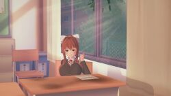 1girl 3d animated blush bouncing_breasts bow breasts brown_hair cheating_(relationship) classroom dark-skinned_male dark_skin doki_doki_literature_club female_pubic_hair green_eyes hair_bow hair_ornament hand_on_another&#039;s_head hetero highres imsayaa34 interior interracial large_breasts long_hair looking_at_viewer monika_(doki_doki_literature_club) multiple_boys netorare nipples nude penis phone photo_comparison ponytail pov pubic_hair school_uniform sex sex_from_behind spitroast tagme vaginal video