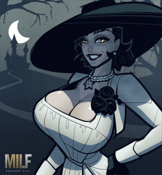 1girl alcina_dimitrescu black_hair black_hat black_lips breasts cleavage crescent_moon david_goujard dress english_text grin hat jewelry large_breasts looking_at_viewer moon necklace pearl_necklace resident_evil resident_evil_village smile solo upper_body white_dress yellow_eyes