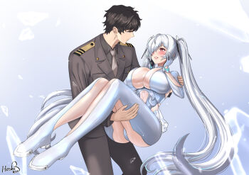 1boy 1girl artist_name blush bodysuit breasts broken_glass brown_hair cinderella_(nikke) cleavage_cutout clothing_cutout commander_(nikke) commentary english_commentary flats glass goddess_of_victory:_nikke hair_ornament hair_over_one_eye hand_on_own_face highres hoshiberuu impossible_clothes large_breasts long_hair looking_at_another military_uniform necktie red_eyes see-through_clothes see-through_shirt shirt short_hair signature stomach_cutout thigh_cutout twintails very_long_hair white_bodysuit white_hair