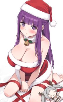 1girl bare_shoulders barefoot blunt_bangs blush breasts character_doll christmas cleavage closed_mouth doll dress fern_(sousou_no_frieren) frieren fur-trimmed_dress fur-trimmed_headwear fur_trim hat highres huge_breasts long_hair looking_at_viewer osa_(osaosa) purple_eyes purple_hair purple_pupils red_dress red_hat red_ribbon ribbon santa_costume santa_dress santa_hat sitting solo sousou_no_frieren straight_hair sweat v_arms wariza