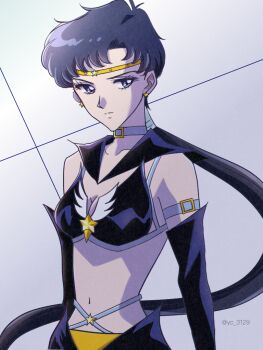 Rule 34 | 1girl, bishoujo senshi sailor moon, bishoujo senshi sailor moon stars, black gloves, black hair, blue eyes, breasts, brooch, choker, circlet, cleavage, collarbone, earrings, elbow gloves, gloves, jewelry, long hair, midriff, ponytail, sailor collar, sailor star fighter, seiya kou, small breasts, solo, star (symbol), star brooch, star earrings, white choker, y-yazaki2406
