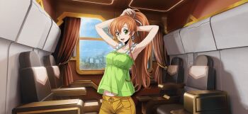 1girl armpits arms_up artist_request blue_sky breasts chair code_geass code_geass:_lost_stories collarbone cowboy_shot curtains day female_focus frilled_shirt frills game_cg green_eyes green_shirt hair_between_eyes hair_ribbon happy highres indoors long_hair looking_at_viewer medium_breasts midriff_peek navel non-web_source official_art open_mouth orange_hair pants pocket ponytail ribbon shirley_fenette shirt sidelocks sky sleeveless sleeveless_shirt smile solo spaghetti_strap standing train_interior tree tying_hair upper_body white_ribbon window yellow_pants