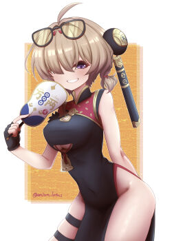 1girl absurdres ahoge black-framed_eyewear black_dress black_gloves blonde_hair breasts china_dress chinese_clothes closed_mouth clothing_cutout covered_navel dress eyewear_on_head fingerless_gloves glasses gloves hair_over_one_eye hand_fan highres holding holding_fan medium_breasts medium_hair onion-lotus purple_eyes smile solo sweety_(zenless_zone_zero) thigh_strap underboob_cutout zenless_zone_zero