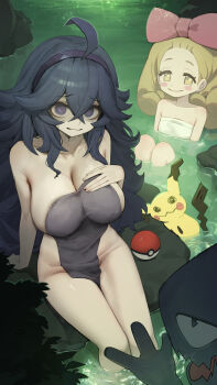 2girls @_@ absurdres ahoge alternate_breast_size_(larger) bare_shoulders black_hair blonde_hair blush_stickers bow breasts cleavage closed_mouth commentary fairy_tale_girl_(pokemon) gen_1_pokemon gen_7_pokemon hair_between_eyes hair_bow hairband hand_on_own_chest hand_up haunter hex_maniac_(pokemon) hex_maniac_(pokemon_xy) highres large_breasts loli long_hair looking_at_viewer mimikyu multiple_girls mysterious_sisters_(pokemon) naked_towel nintendo onsen poke_ball poke_ball_(basic) pokemon pokemon_(creature) pokemon_xy purple_eyes romana same-sex_bathing shared_bathing sitting smile soaking_feet thighs towel very_long_hair water wavy_mouth yellow_eyes