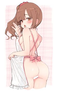 1girl apron ass back bar_censor blush breasts brown_eyes brown_hair censored check_copyright commentary_request copyright_request covered_erect_nipples fellatio_gesture hair_ornament hair_scrunchie highres idolmaster idolmaster_cinderella_girls igarashi_kyoko komodj looking_at_viewer looking_back medium_breasts presenting_own_body pussy red_scrunchie saliva scrunchie see-through_apron see-through_clothes side_ponytail sideboob solo standing tongue tongue_out
