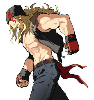 Rule 34 | 1boy, abs, absurdres, alex (street fighter), bare pectorals, bare shoulders, beanie, belt, belt buckle, black gloves, black jacket, blonde hair, blue eyes, brown belt, brown fur, buckle, clenched hands, closed mouth, cowboy shot, denim, facial mark, fingerless gloves, frown, fur-trimmed jacket, fur trim, gloves, groin, hat, highres, jacket, jeans, lightning bolt facial mark, lightning bolt symbol, long hair, male focus, navel, nipples, no shirt, open clothes, open jacket, pants, pectorals, profile, sach56000, simple background, solo, street fighter, street fighter 6, studded belt, unzipped, veins, veiny arms, walking, white background, zipper pull tab